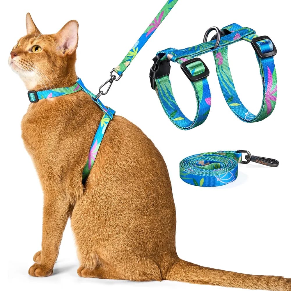 PetThem Cat Harness and Leash Set - Escape Proof Adjustable Cat Harness, Comfortable Soft Lightweight, Use Safe & Easy, Walking Travel Kitten Harness for Small Medium Large Cats (Hawaii Green)