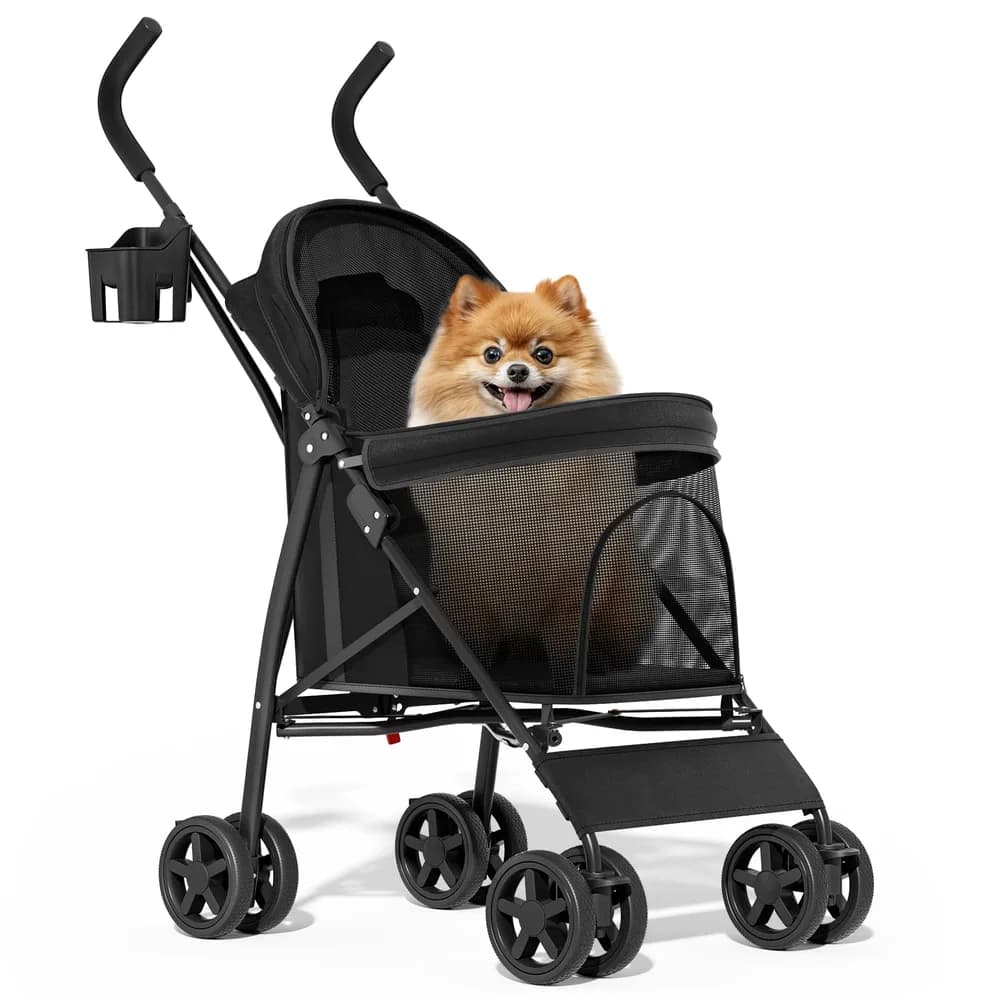 MoNiBloom MoNiBloom 4 Wheels Pet Stroller, Easy-Fold Puppy Cage Jogger Stroller with Sun Cover, Pad and Rear Storage Bag, Breathable and Visible Mesh for Small/Medium Pets up to 22 lbs, Black