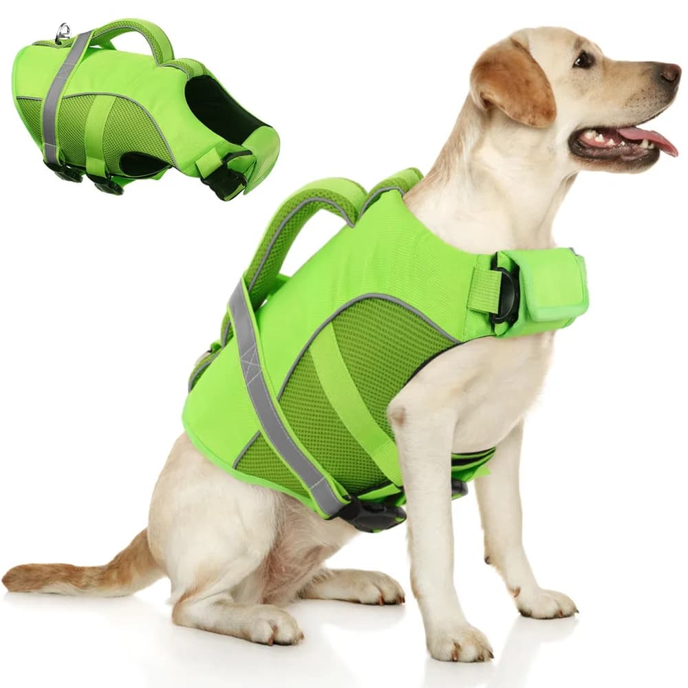 Queenmore Queenmore Dog Life Jacket, Adjustable Ripstop Dog Life Vest for Swimming Boating, Doggy Lifesaver with Superior Buoyancy and Rescue Handle, Pet Swimming Vest for Large Dogs(Green,L)