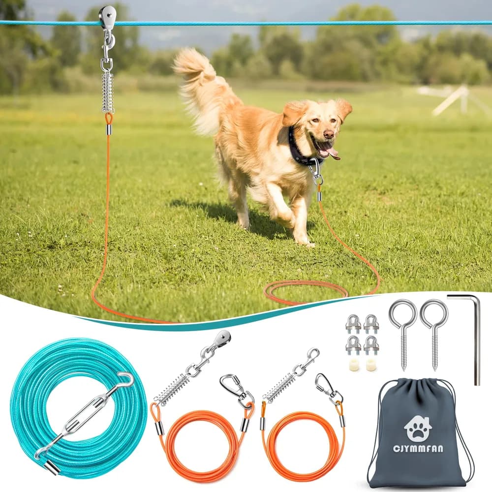 CJYMMFAN Professional Dog Runner Trolley System,Heavy Duty & Adjustable 30ft Dog Zip Line with 10ft & 15ft Tie Out for Large Dogs Up to 250lbs, Chew Proof Run Cable for Yard, Camping & Outdoor Adventure