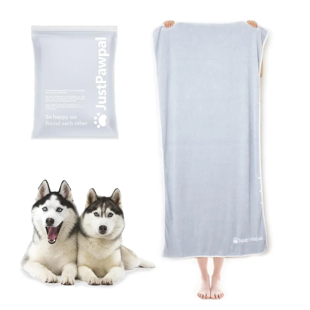 JustPawpal Dog Towels 2-PCS, 56x28inches Absorbent Soft Microfiber Towels for Drying Dogs Extra Large, Large, Medium, Small - Pet Bath, Grooming Towel(Adjustable Snaps, Grey)