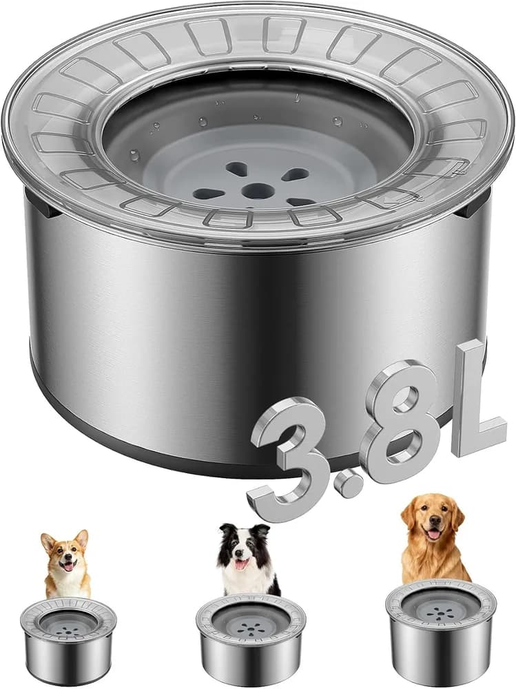Heouvo Heouvo 1 Gallon No Spill Dog Water Bowl with Slow Drink Floating Disk(Gray) | Splash-Proof Lid + Stainless Steel Bowl/Rubber Bottom/Slobber Stopper Water Bowl for Large Sloppy Messy Drinkers Reduce Mess
