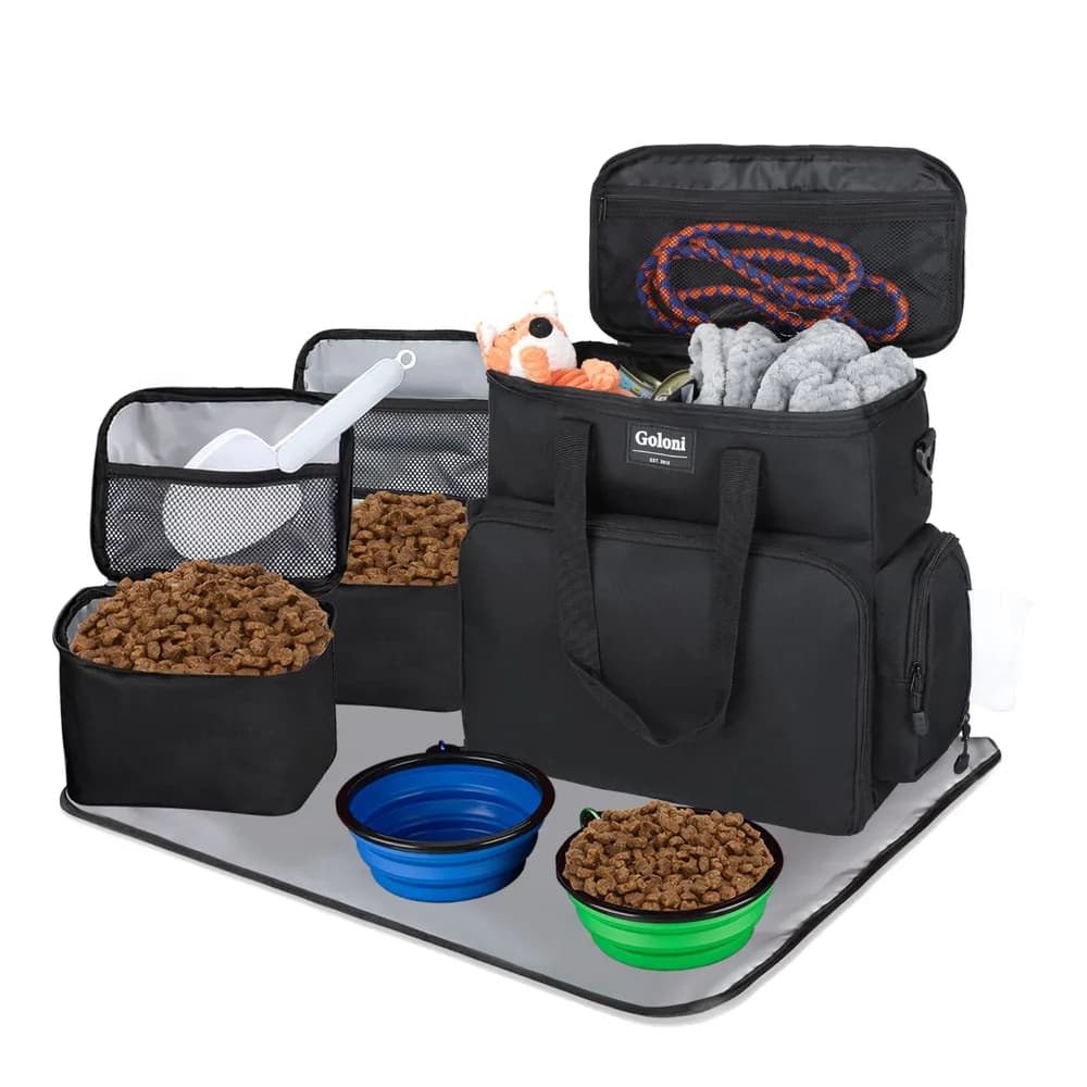 Goloni Dog Travel Bag Airline Approved–Pet Travel Tote with Collapsible Bowls,Food Containers & Feeding Mat–Multi-Pocket Organizer for Dogs & Cats, Durable & Water-Resistant for Hiking,Trips,Outdoors