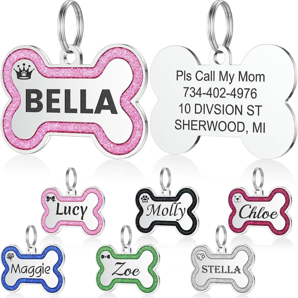 YEHANTI YEHANTI Dog Tags Personalized for Pets, Glitter Bone Custom Dog Name Tag, Durable Stainless Steel Pet ID Tags with Lovely Icons, Laser Engraved on Both Sides