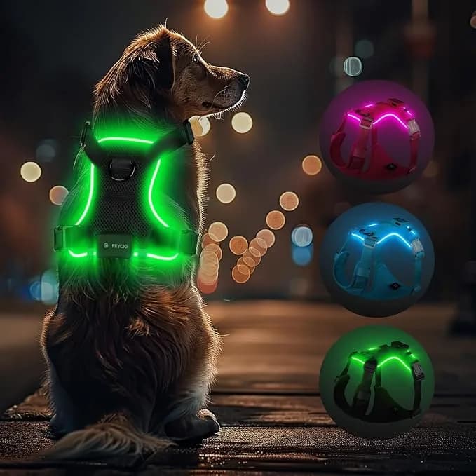 Feycig Light Up Dog Harness, Reflective Pet Harness Rechargeable | Reflective Dog Vest Harness for Night Walking, Adjustable Dog Safety Vest for Small Medium Large Dogs-No Pull, Black, XS