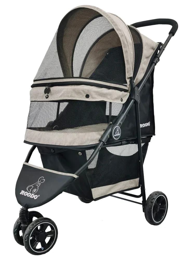 ROODO ROODO 3 Wheel Dog Pet Cat Stroller Best Lightweight Foldable Compact Portable Jogger All Terrain Travel Pet Gear Puppy Kitty Stroller for up to 30lbs Medium Small Dogs and Cats(Light Khaki)