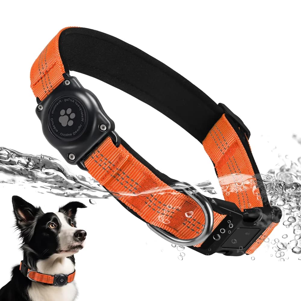 Furrigo Upgraded AirTag Dog Collar, IP68 Waterproof Air Tag Dog Collar Holder, Reflective, Ultra-Durable, Comfortable Padded, Heavy Duty Dog Collars for Small Medium Large Dogs (XL (15.6"-22"), Orange)
