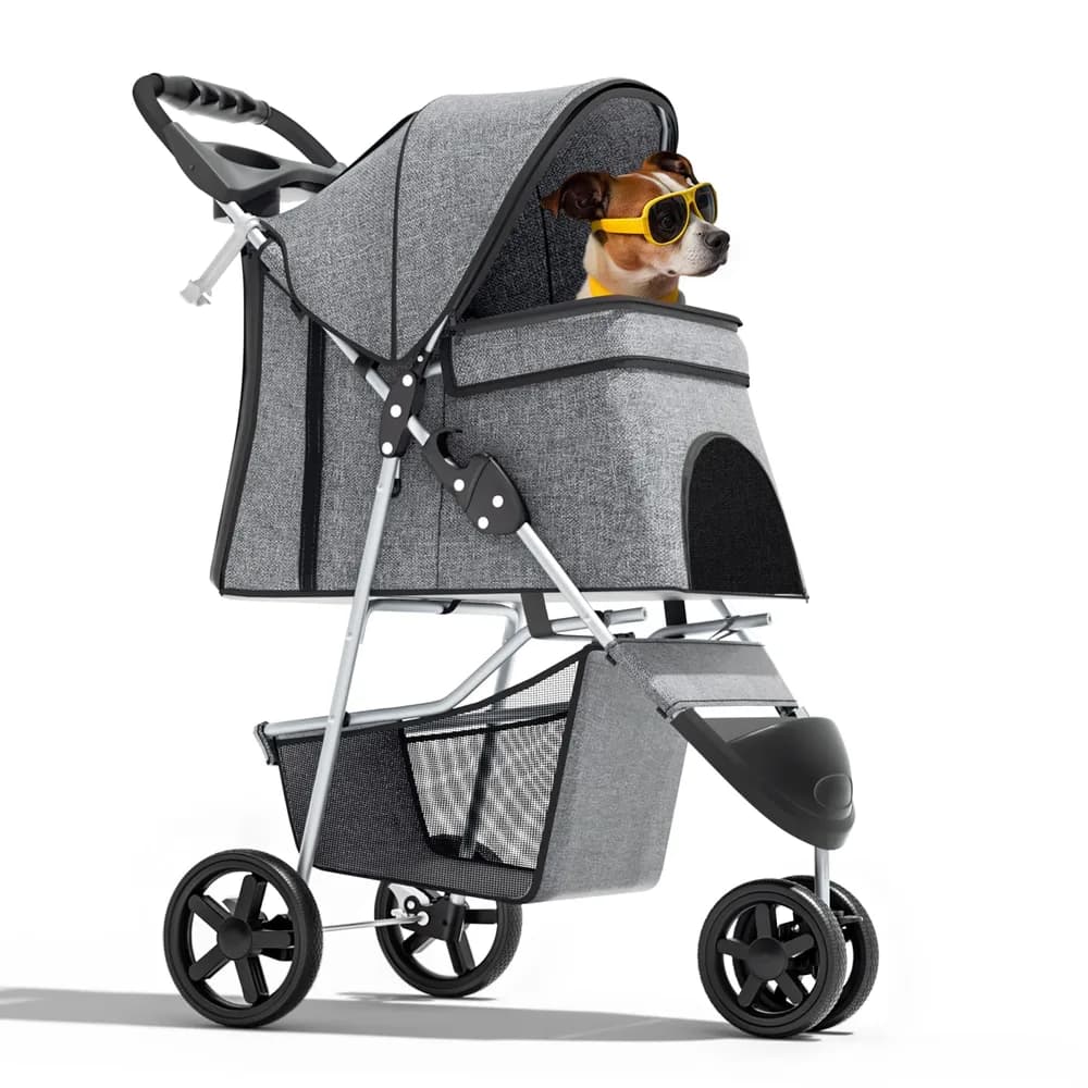 Magshion Magshion 3-Wheel Pet Stroller, Foldable Travel Jogger for Small & Medium Dogs & Cats (Up to 33lbs), Lightweight Carrier with Breathable Mesh Cover, Cup Holder & Storage Basket, Gray