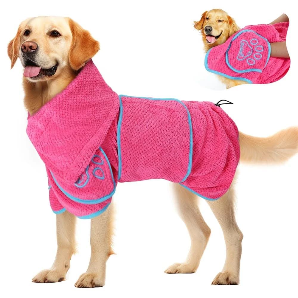 SlowTon SlowTon Dog Bathrobe Drying Coat – Super Absorbent Microfiber Towel Wrap with Adjustable Collar & Belly Strap, Fast Drying Bath Robe for After Bath Swim, for Large, Medium, Small Dogs (Pink XL)