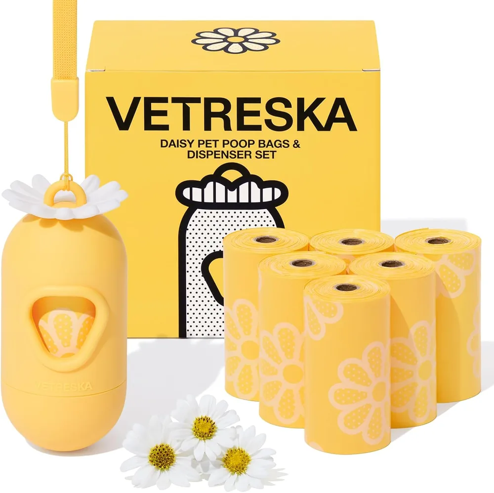 VETRESKA VETRESKA Dog Poop Bag Dispenser with Daisy Scented Waste Bags Leak-proof and Extra Thick Poop Bags for Dog Walking and Cat Litter 1 Holder and 105 Bags (7 Refill Rolls)