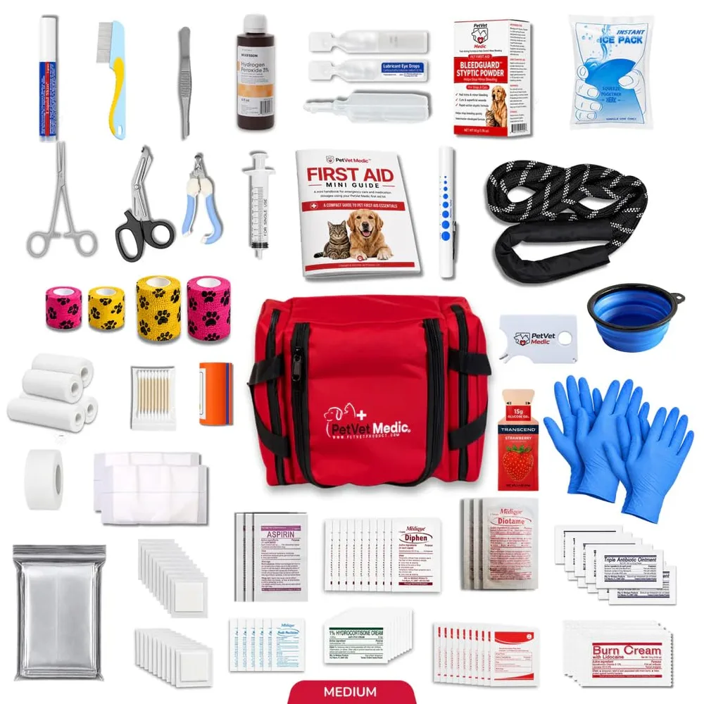 PetVet Medic Cat & Dog First Aid Kit - Dog Emergency Kit, Health Supplies & Wound Care -with Thermometer, Bandages for Wounds - Essentials, Travel Bag (Medium)