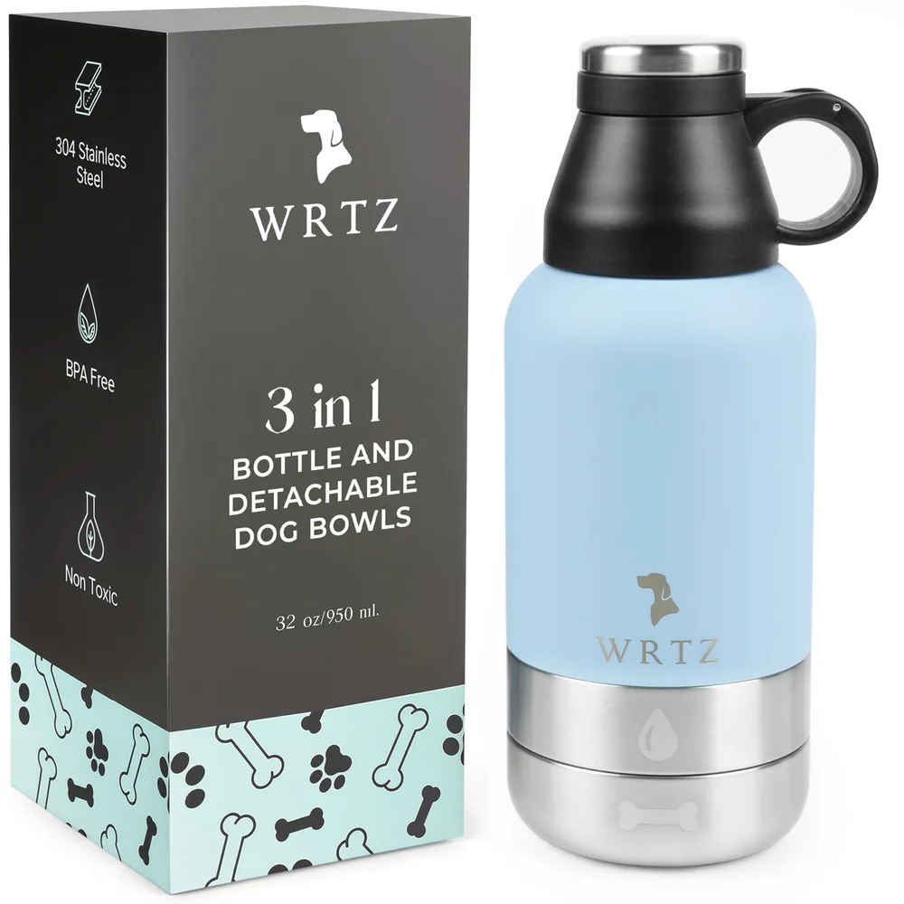 WRTZ Portable Dog Water Bottle with 2 Removable Water Bowls for Dogs – Leak-Proof Portable Dog Water Bottle - Travel Accessories for Dogs - 32oz - Blue