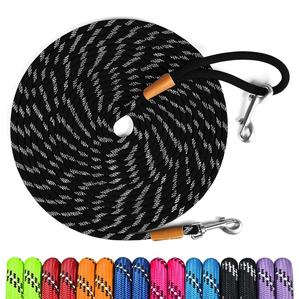 Lynxking lynxking Long Dog Leash Reflective 15ft 30ft 50ft Check Cord Training Lead Padded Handle Heavy Duty Rope for Puppy Small Medium Large Dogs (Black, 30ft x 3/8inch)