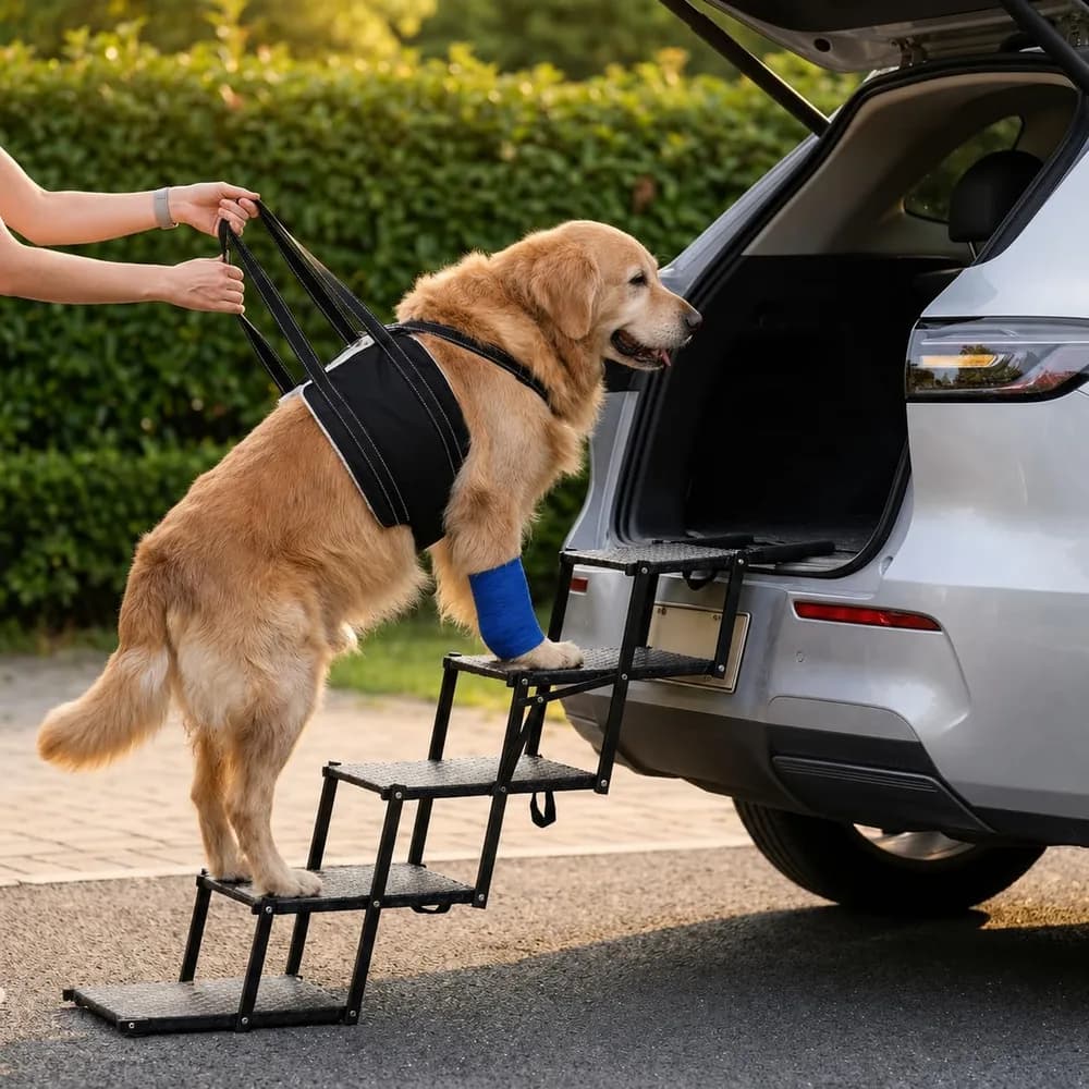 VERALUX VERALUX 5 Step Foldable Dog Stairs for Large Dogs | Folding & Collapsible Dog Stairs for Car & SUV | Steps for Dogs to Get in Car | XL Lift Harness | Senior & Arthritic | 200lb