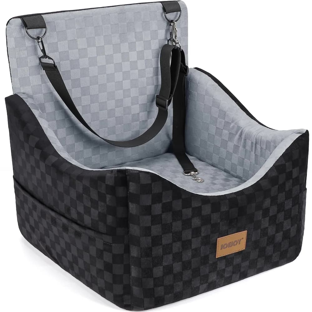 JOEJOY JOEJOY Elevated Dog Car Seat for Small/Medium Dogs up to 35 lbs, Memory Foam Booster Seat with Detachable Washable Cover, Travel-Safe Car Bed with Safety Belts & Storage Pockets, Grey