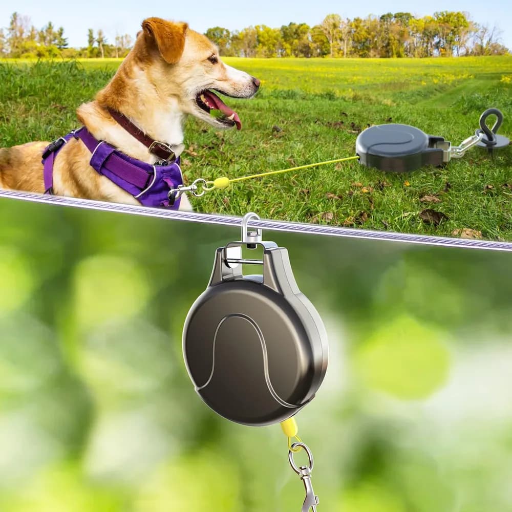 Pestairs 30ft Dog Tie Out Cable and Retractable Dog Leash, 2-in-1 Lead for Zipline, Aerial Run Cable Trolley Or Anchor, No Tangle Retractable Tie Out Reel for Camping Or Yard (Black)