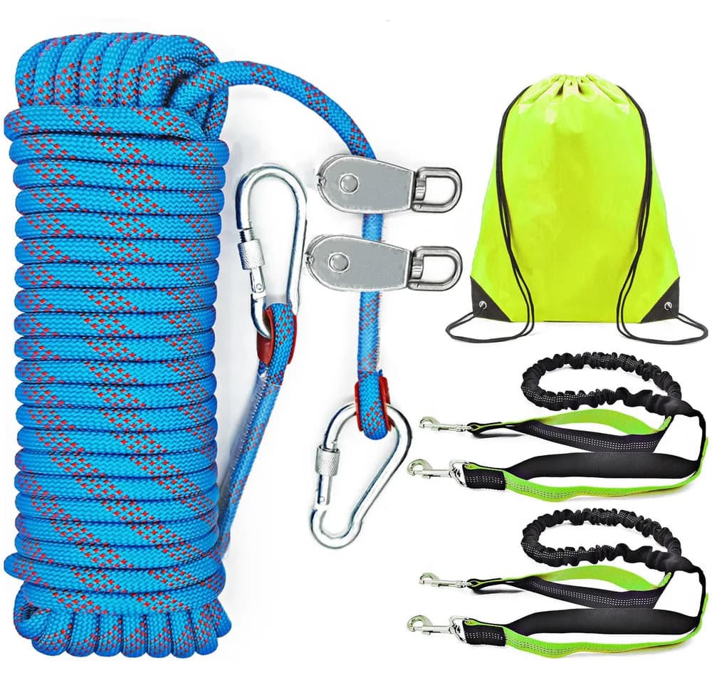 SIAELT Dog Tie Out Cable for Camping, Dog Trolley System and 4ft Bungee Leash for Dogs Up to 400lbs, Suitable for Camping, Yard and Outdoor Events (Blue 2dogs, 50 Ft)
