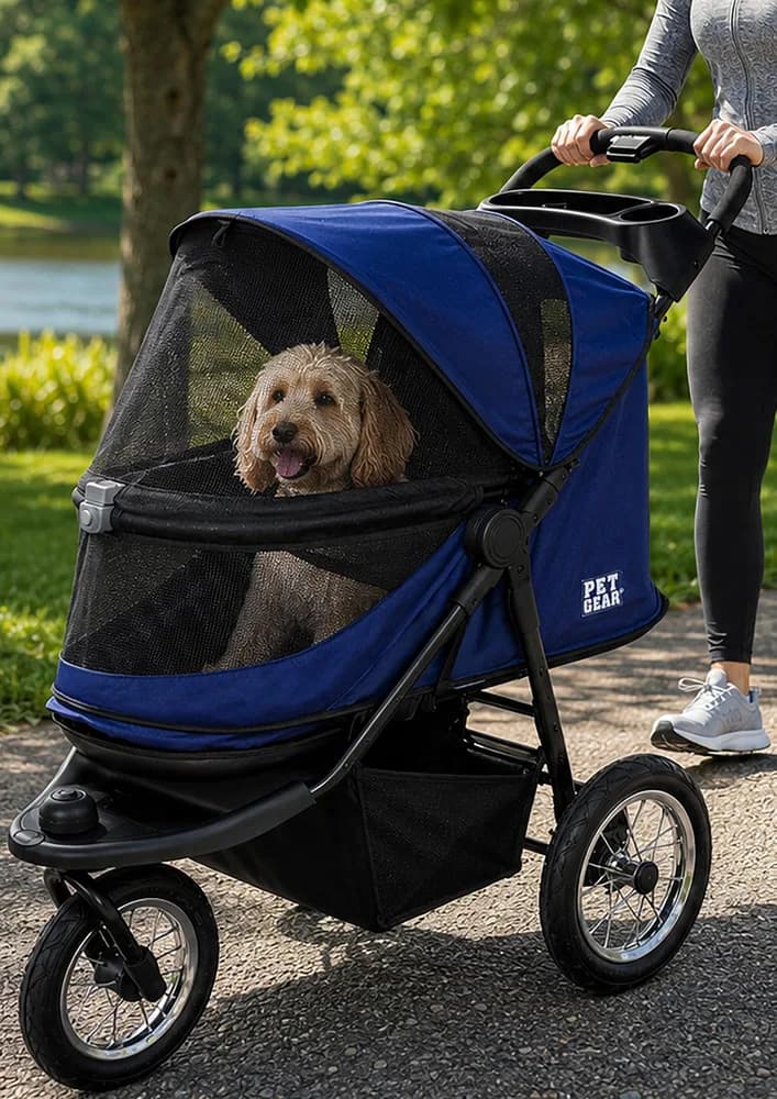 Pet Gear Pet Gear No-Zip Jogger Pet Stroller for Cats/Dogs, Navy | Zipperless Entry, Airless Tires, Easy One-Hand Fold, Cup Holder + Storage Basket
