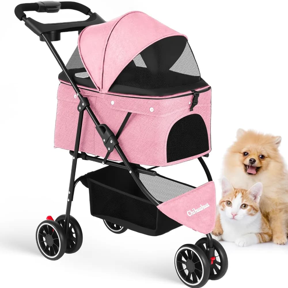 Chihuahua Pet Stroller,Dog Stroller for Small Medium Dogs Cats,3 Wheels,Foldable,with Breathable Mesh Canopy,Cup Holders,Easy Assembly,Pink