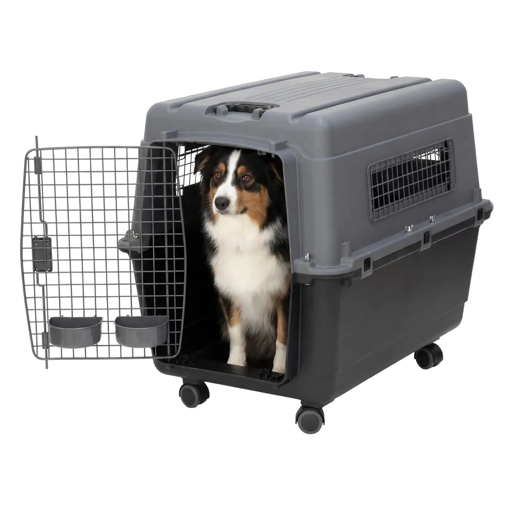 SportPet Designs SportPet Airline Compliant LARGE 31.5" Travel Dog Kennel- Durable Plastic Airline Pet Carrier w/ Removable Wheels & Food Bowls, Collapsible Indoor/Outdoor Dog Kennel, Dogs up to 28"L & 20"H-Dark Gray