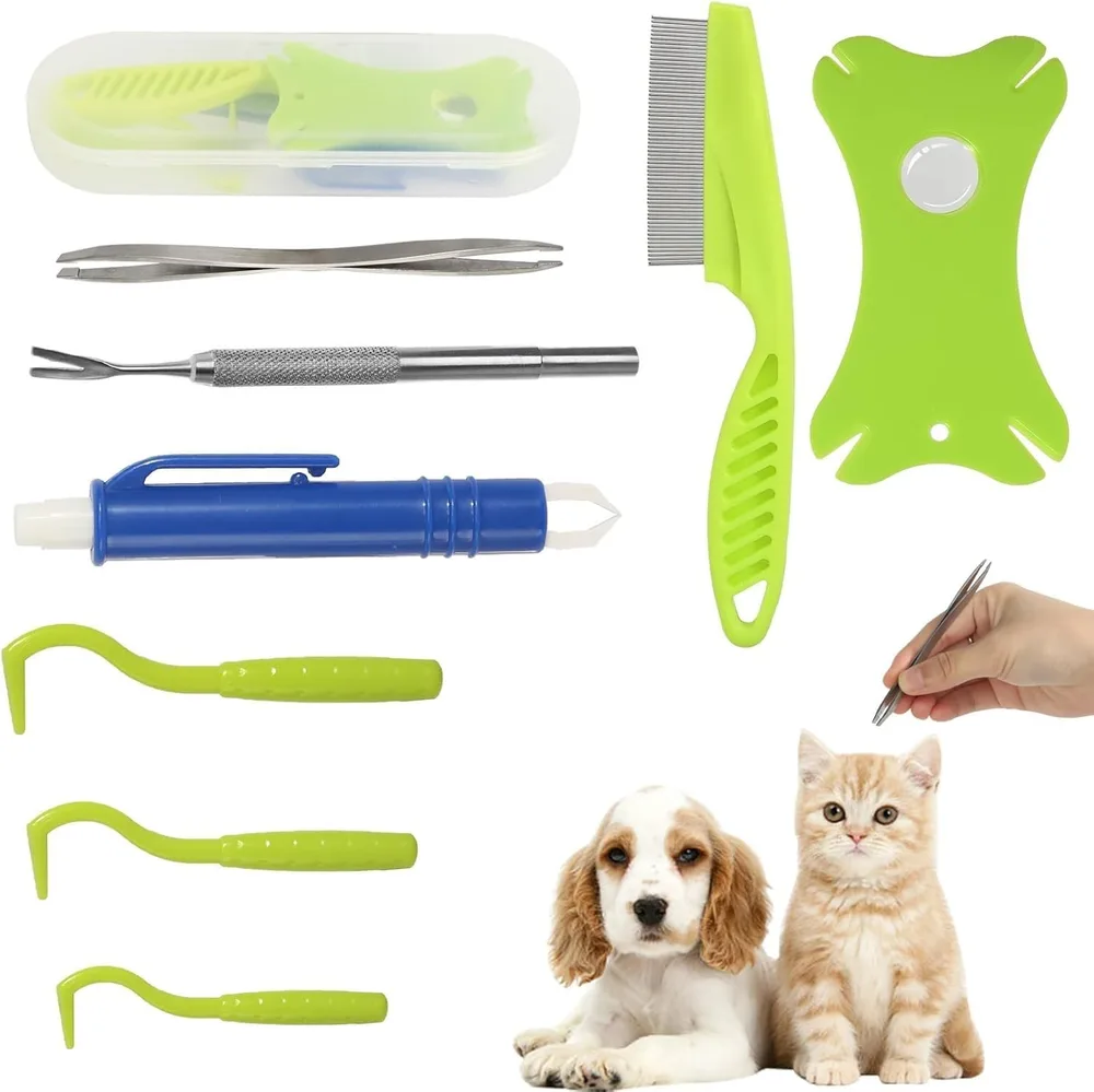 Hoxxu Tick Removal Tool Kit 8-in-1 with Storage Box for Dogs and Cats | Stainless Steel - Tick & Flea Remover Dogs Cats Outdoor - Tick Comb Tweezers Flea Comb Magnifying Glass Storage Box