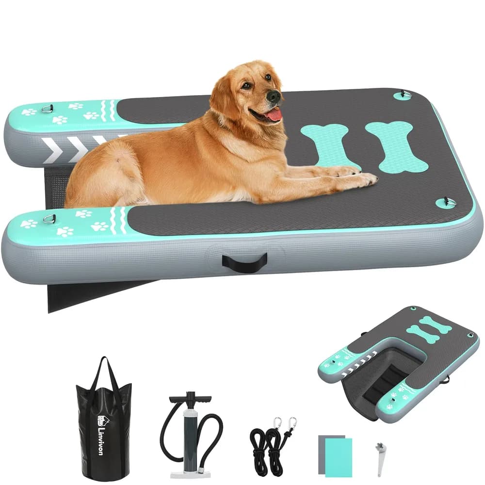 Linvivon Inflatable Dog Boat Ramp for Dogs Up to 240 lbs, Inflatable Dock Floating Platform with Anti-Slip EVA Foam Safe & Easy Water Access, Dog Ramp for Boat, Pools, Lakes, Boats, Docks, Green