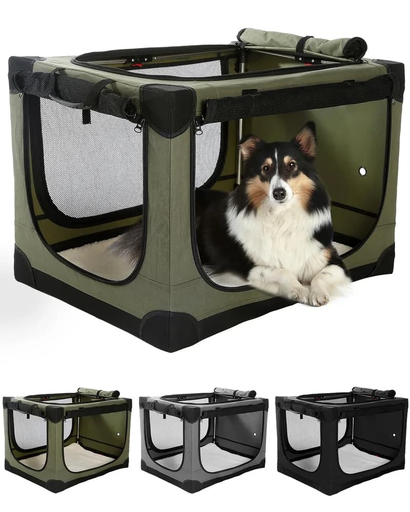 Veraste Veraste 24" L x 17" W x 17" H Collapsible Travel Dog Crate, Portable Soft Dog Kennel for Small Medium Pets up to 30 lbs, 4-Door Foldable Travel Crate with Durable Mesh & Storage Bag, Green