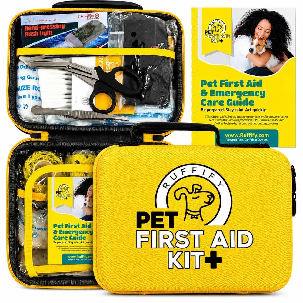 Ruffify Dog and Cat First Aid Kit, Vet Approved, 74pcs, Pet Emergency Kit | High quality, easy to open compact kit, Ideal gift for dog lovers, cat owners, pet parents. Home, travel, hiking, camping.