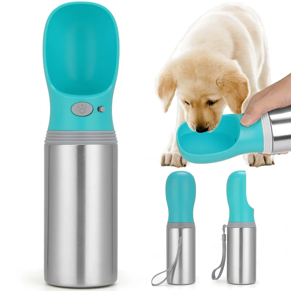 Anipaw Portable Dog Water Bottle, 14 OZ, Stainless Steel Leak Proof Puppy Water Dispenser with Drinking Feeder for Pets Travel, Walking, Hiking and Outdoor Activities