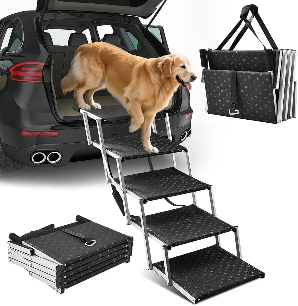 SakerPlus Sakerplus Dog Stairs for Large Dogs, 17.7” Wide Dog Ramps for Car 5 Steps | Foldable Dog Steps with Non Slip Surface, Portable Pet Steps for SUV, High Beds, Truck, Support Up to 200lb