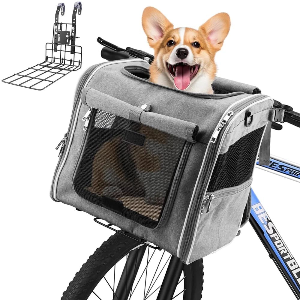 Xixter Xixter Dog Basket for Bike, Suitable for Small & Medium Pet Up to 10 kg, Foldable 4-in-1 Pet Bike Basket, Crossbody, Shoulder and Car Seat, with Sturdy Bracket and 4 Mesh Windows, Gray
