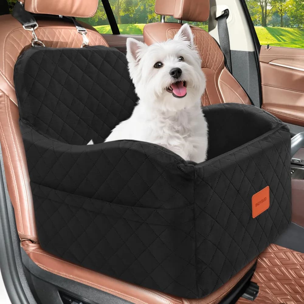 INDYBUD Small Dog Car Seat, Memory Foam Dog Booster Car Seats with Thick Cushion for Medium Dogs Under 35lbs, Detachable Washable Pet Carseat with Storage Pockets(Black, Medium)