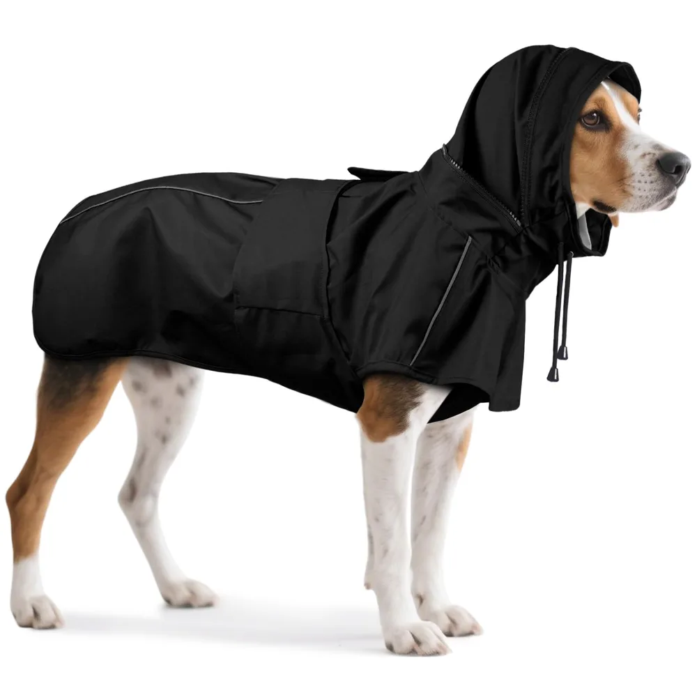 OUOBOB Dog Raincoat, Waterproof Dog Rain Jacket with Hood, Black M | Rain Coat For Small Dogs, Doggy Poncho With Leash Hole, Reflective Strips, For Rainy Snowy Weather Walks, Hiking, Camping