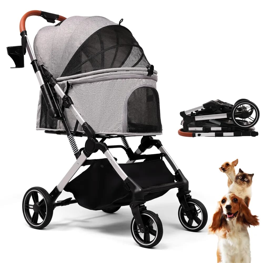 bicystar Bicystar Pet Stroller for Small Medium Dogs Cats Up to 45 lbs, Travel Lite Collapsible, All Terrain 4 Wheels for Jogging, Running, Grey