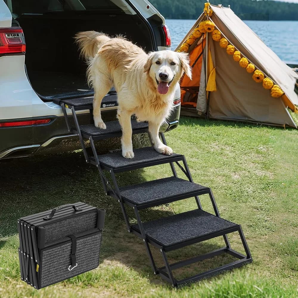 Veehoo Veehoo Foldable Dog Steps for Car Truck SUV, Collapsible Large Dogs Stairs | 5 Steps Folding Dog Ramp for Cars Portable Pet Ramps Ladder Heavy Duty Non Slip for Trucks Vehicle 17" Wide, Up to 200lbs