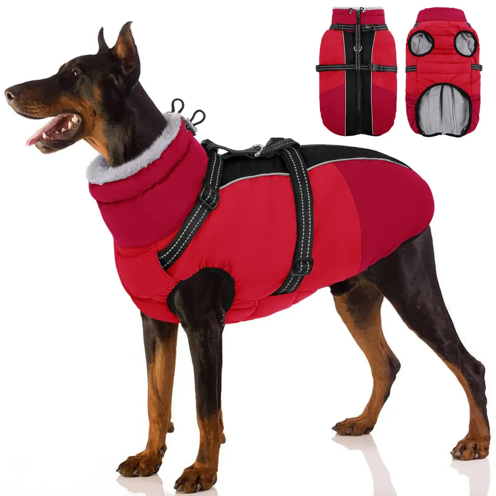 SUNFURA Large Dog Coat with Harness Built in, Warm Dog Jacket Waterproof Pet Winter Coat Snowsuit for Cold Weather, Reflective Fleece Jacket for Large Dogs, Border Collie, Red XL