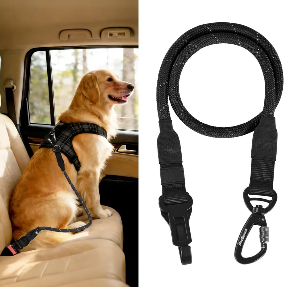 PetBonus PetBonus Dog Seat Belt for Car, Durable Rope Dog Car Harness for Vehicle | Heavy Duty Buckle, Hook Latch, Lockable Clip, Pet Tether Safety Restraint, For Small Medium Large Breeds, (Black)