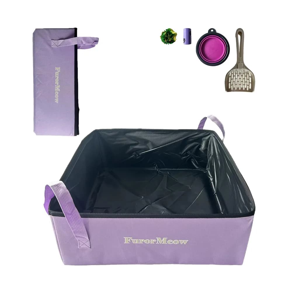 FurorMeow Portable Cat Litter Box, Firm Waterproof Foldable for Travelling for Cats, Including Crinkle Ball, Poop Bags, Foldable Bowl and Scoop, 16.5x16.5x6.3 inches (Light Purple)