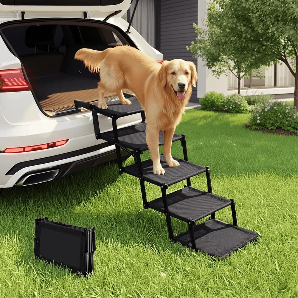 Oiilores Oiilores Foldable Dog Stairs for Large Dogs - Extra Wide Pet Ramp for Cars, SUV, Non-Slip Surface, Supports Up to 250 Lbs, 5 Steps