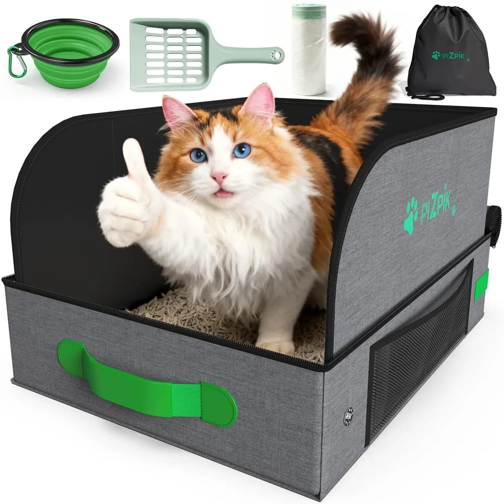 Plzpik 20" x 16" x 11" Travel Litter Box for Cats, Collapsible Cat Litter Box with Compact Fold, Portable Cat Box - Leak-Proof Water-Resistant, Hard Bottom & Easy Carry for Car/Hotel/Airplane On-the-Go