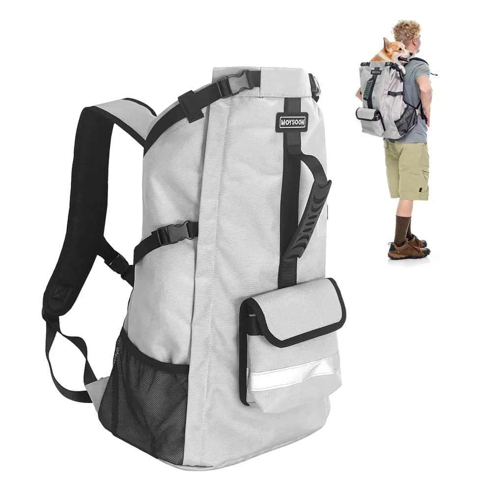 FoxFocus Waterproof Dog Backpack Carrier for Medium Dogs Under 30 lb, Grey | 4-Layer Protection, Adjustable Dog Hiking Backpack with Storage Pockets, Reflective Strips, Non-Slip Handle for Travel