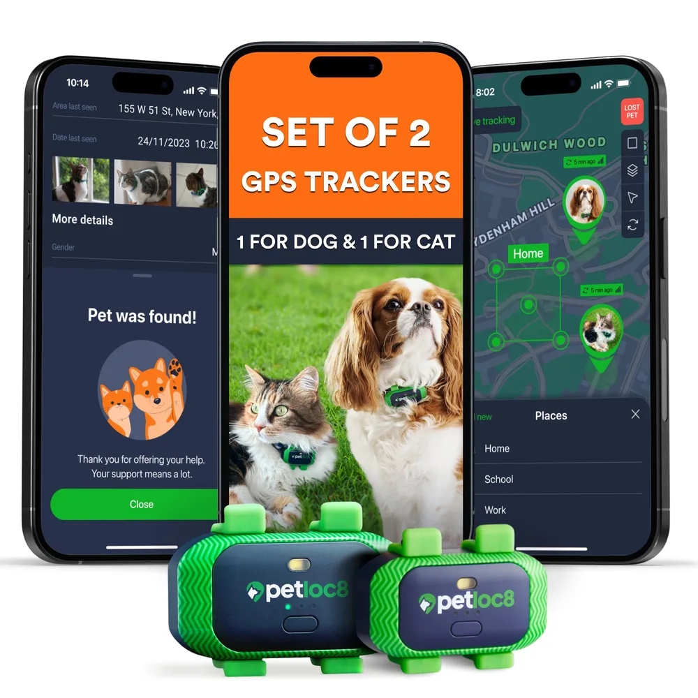 PETLOC8 Set of 2 Pet GPS Tracker – Smallest Waterproof Pet Tracking Device with App, Real-Time Location, Smart Alerts & Geo-Fence, Long-Life Battery, Collar-Compatible – iOS & Android (Subscription Required)