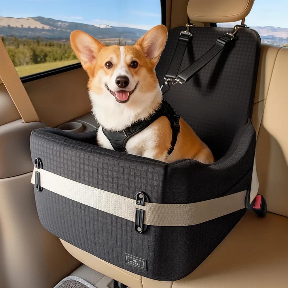 Petsfit PETSFIT Dog Booster Car Seat for Small/Medium Dogs Up to 35 lbs – Patented Safety System, 5" Memory Foam Pet Car Seat, Fully Detachable and Washable Cover, Front/Back Seat Travel Booster (Black)