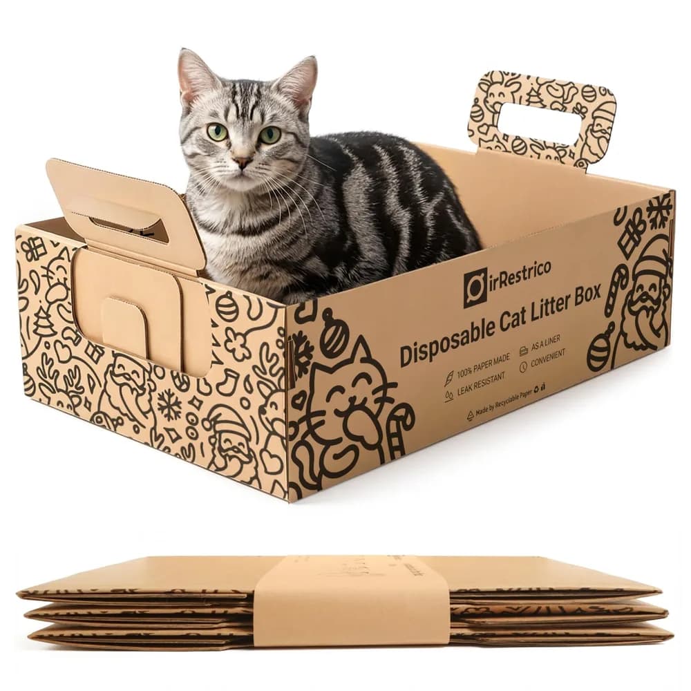 IRRESTRICO 3-Pack Disposable Cat Litter Box, Waterproof & Leak-Resistant Cardboard, Foldable for Travel and Temporary Use, Eco-Friendly with Cute Cartoon Design, Gift for Cat Lovers