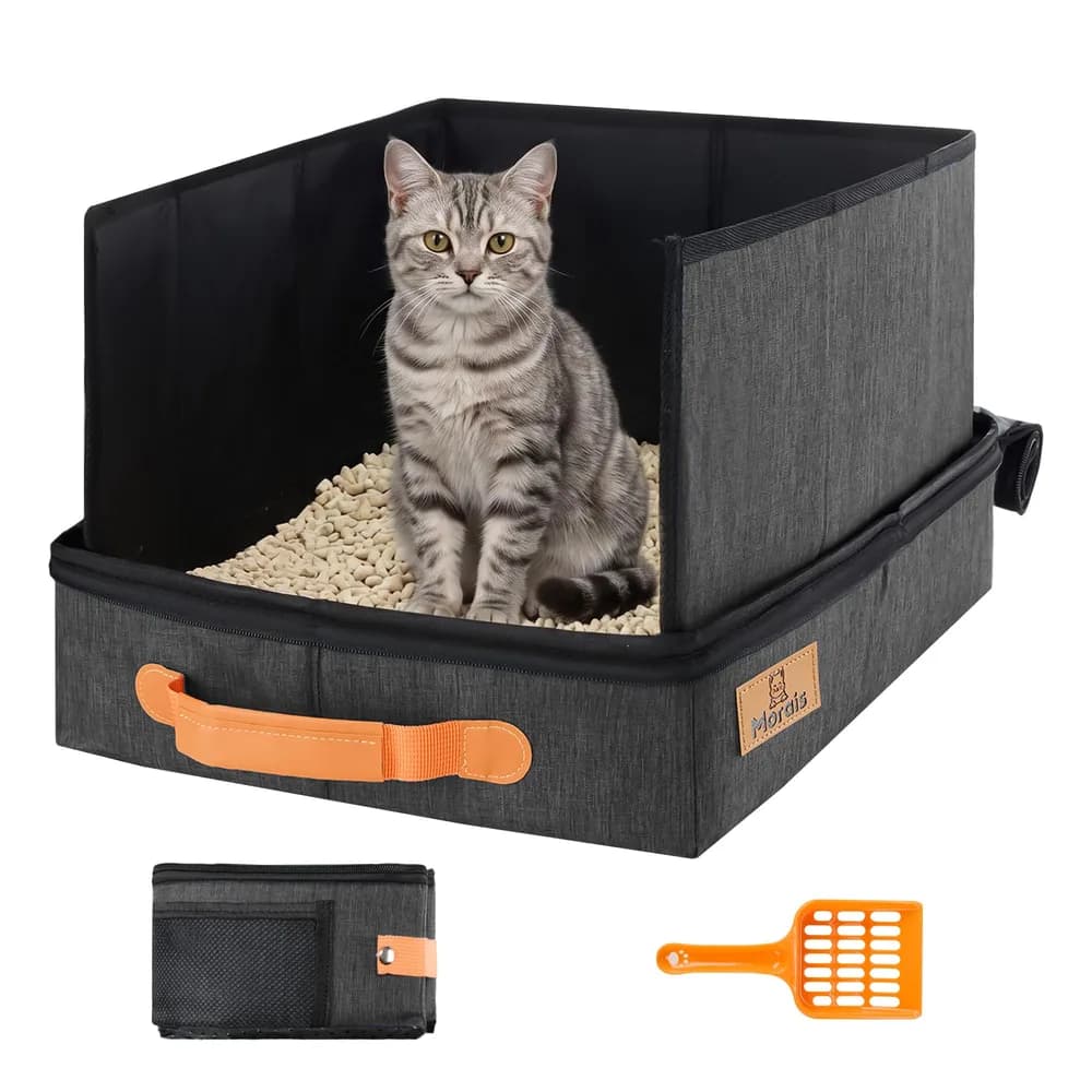 MORAIS MORAIS Portable Travel Litter Box for Cats, 17.7"×13.5"×11" Collapsible Cat Litter Box with Lid, Leak-Proof Cat Litter Pan for Car Hotel Airplane, Waterproof & Easy to Carry- Black