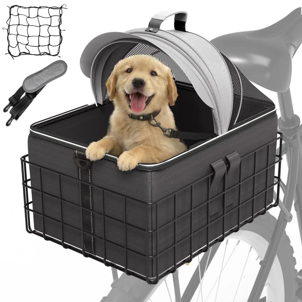 YEEGO DIRECT YEEGO DIRECT Dog Bike Basket for Rear Rack, 2-in-1 Pet Carrier & Cargo Basket, Detachable Dog Carrier for Bicycle with Safety Leash, Fits Small Medium Dogs Cats up to 20 LBS, Basket Patented Design