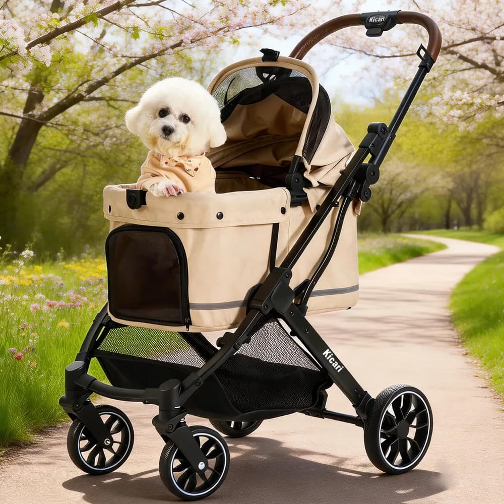 Kicari All-Terrain Dog Stroller for Small to Medium Dogs, Pet Stroller for Dogs & Cats Outdoor Walks, One-Hand Easy Fold, Double-Layer Anti-UV & Waterproof Canopy & Breathable Mesh, Vanilla Beige