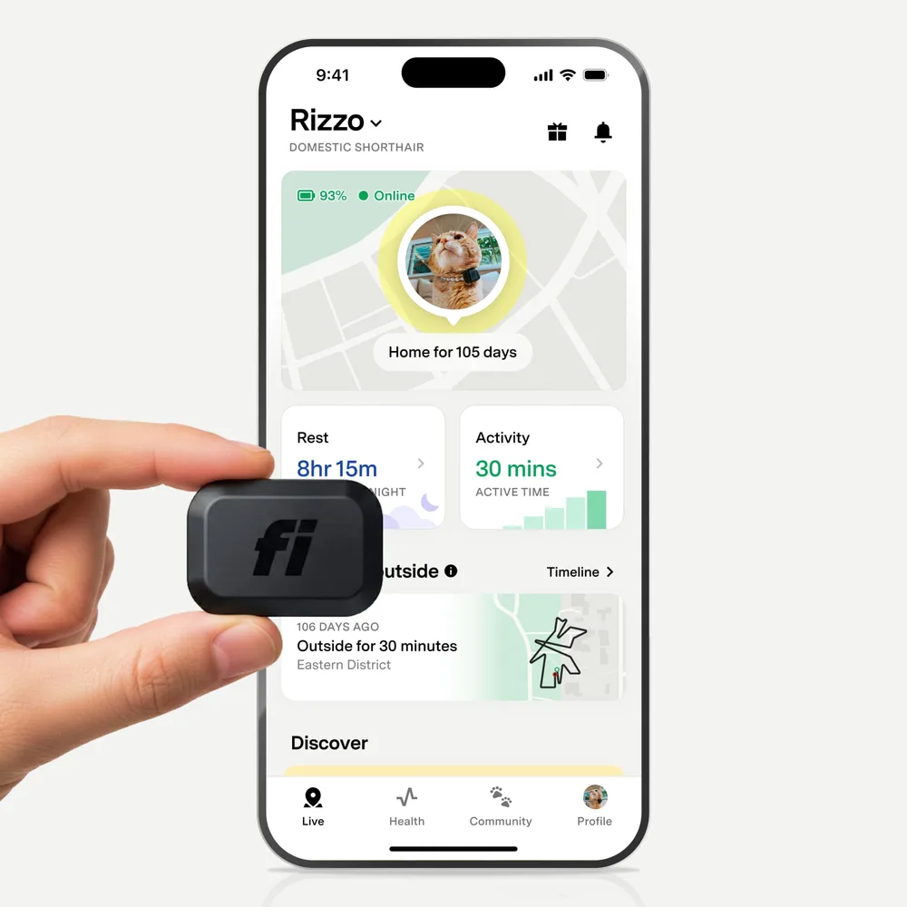 Fi Fi Mini GPS Tracker for Cats — Lightweight Collar Attachment, Virtual Fences, Escape Alerts, Step & Health Tracking, Waterproof Cat Tracker — 6-Month Membership Included