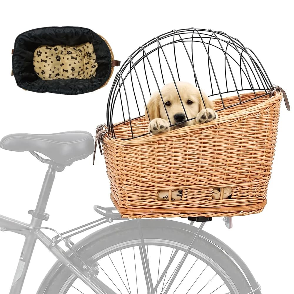 Rayfox Rear Bike Basket for Dogs, Wicker Pet Bicycle Carrier for Small Dog Cat with Protective Grille Liner Eco Friendly Natural Rattan Doggy Back Luggage Rack Seat (Brown Style1)