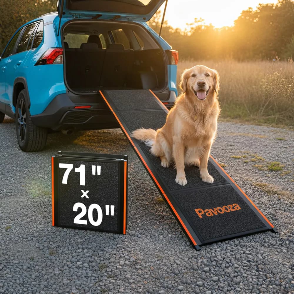 Pavooza 71"×20" Extra Wide Dog Ramp for Car, SUV & Truck – Folding Aluminum Pet Ramps for Large Dogs up to 250 lbs, Non-Slip Surface & Glow Edges, Foldable Portable Ramp for Side Door or Porch Steps